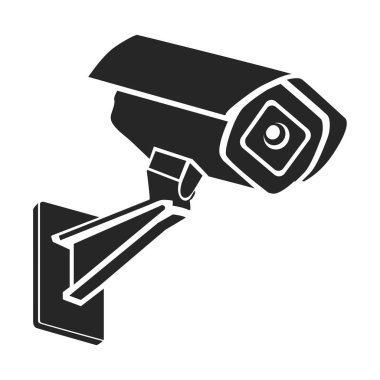 Tesisteki güvenlik. Erişim kontrolü kavramı. Beyaz arkaplanda CCTV güvenlik kamerasının siyah silueti
