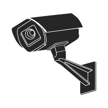 Tesisteki güvenlik. Erişim kontrolü kavramı. Beyaz arkaplanda CCTV güvenlik kamerasının siyah silueti