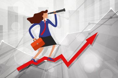 İş görüşü kavramı. Teleskopu olan genç yönetici ve arkaplanda çeşitli görselleştirme grafiklerini gösteren iş istatistikleri tablosu ile büyüyen adımlar üzerine vaka