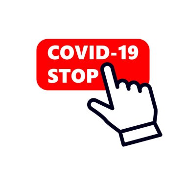 Covid-19 düğmesi doğrusal simgesine tıklayan el işaretçisi ya da imleç fare. Han biçiminde sembol