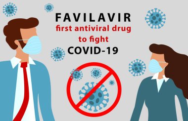 Favilavir, Covid-19 Wuhan Novel Coronavirus (2019-ncov) ile savaşan ilk antiviral ilaç, mavi tıbbi maskeli kadın ve erkek. Soyut Corona virüsü modeli kırmızı ışıkla çizilmiştir.