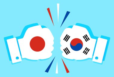 İki ülke arasındaki ekonomik ve vatansever çatışma kavramı. Japonya ve Güney Kore bayrakları yumruk yumruğa çarpışıyor.