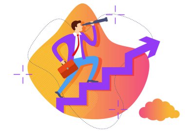 Teleskop ve evrak çantalı pastel renkli minimal renkli işadamı beyaz arka planda, modern dinamik renkli sıvı şekilli sıvı çerçevenin üzerinde büyümeye devam ediyor.