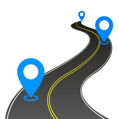 Soyut kıvrımlı asfalt yolda orta ve mavi etiketli çift sarı çizgi var.