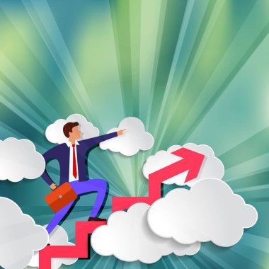 İş adamı büyümeye devam ediyor Ok hareket yönünü gösteriyor 