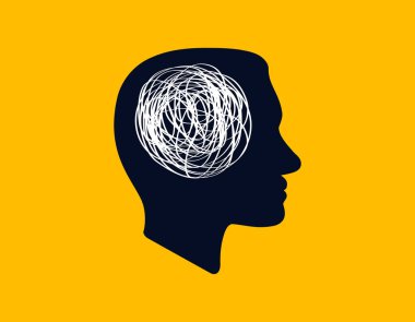 Konsept ikonu insan kafasının siluetini gösteriyor. İçinde beyin gibi karışık bir çizgi var. Kaotik düşünce süreci, karmaşa, kişilik bozukluğu ve depresyon kavramı