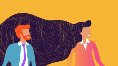 Sakallı iş adamı, harika bir kadın, uzun saçlı ve sarı arkaplanlı.