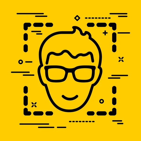 Plano Cabeça Feliz Homem Com Óculos Ícone Fundo Amarelo Com — Vetor de Stock