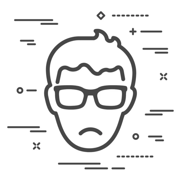 Flat Unhappy Head Man Glasses Icon White Background Lines — Stock Vector