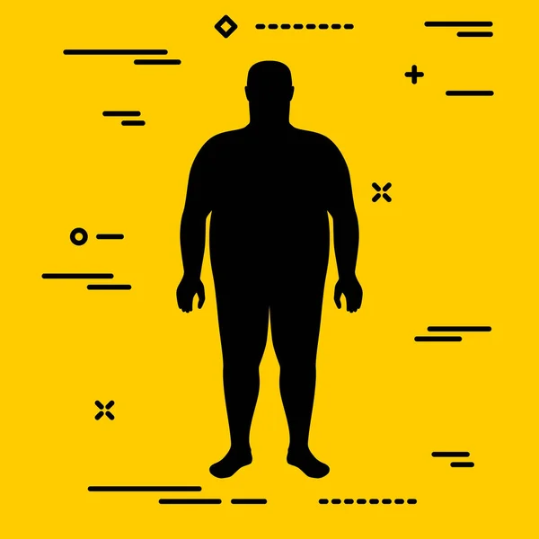 Düz Siyah Erkek Silueti Sarı Arka Planda Aşırı Obez Vücut — Stok Vektör