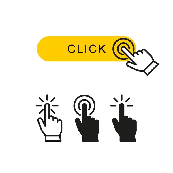 Δάχτυλο Κλικ Στο Κίτρινο Κουμπί Και Που Δείκτη Χέρι Κέρσορα — Διανυσματικό Αρχείο