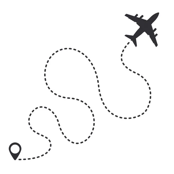带有虚线的飞机路径 用虚线标出的旅行路线 白色背景下航线上的飞机跟踪 — 图库矢量图片