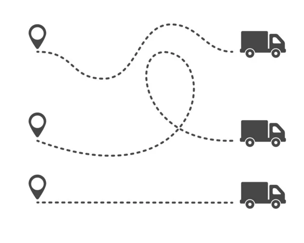 Několik Nákladních Automobilů Tečkovanými Linkami Pin Map Umístění Dodávky Kamionu — Stockový vektor