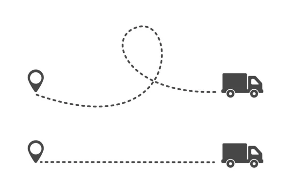 Trakes Camion Multipli Con Linee Tratteggiate Pin Mappa Posizione Consegna — Vettoriale Stock