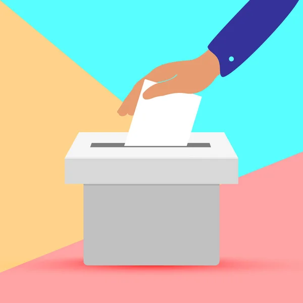 平手将投票公告放入投票箱图标 粉红蓝宝石背景的选举概念 — 图库矢量图片