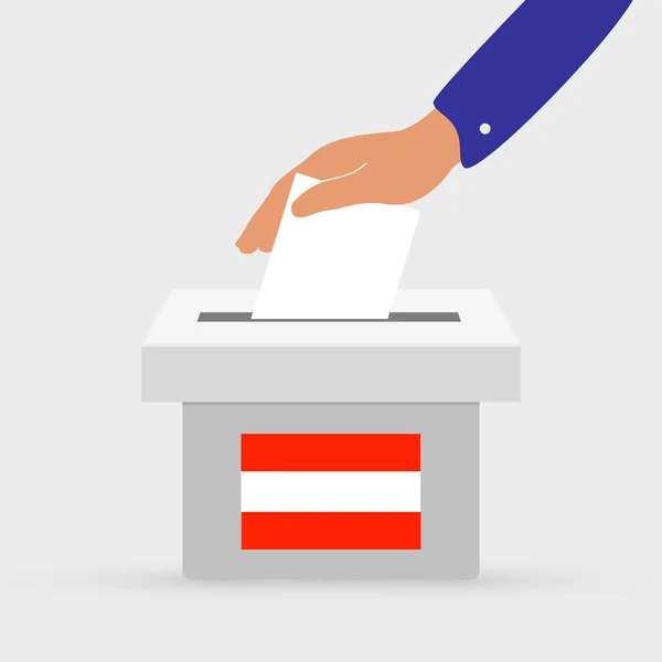 平手将投票公告放入印有旗帜图标的投票箱 奥地利的选举概念 — 图库矢量图片