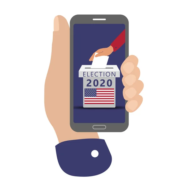 智能手机屏幕与平手把投票公告放入投票箱与标志图标 Usa地区电投票的概念 — 图库矢量图片