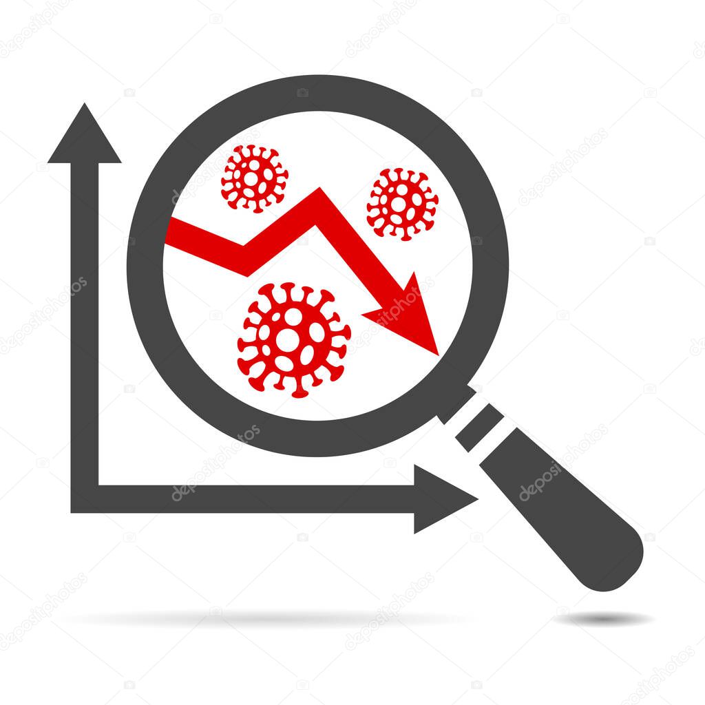 COVID-19, 2019-nCoV, Abstract virus strain model corona virus disease and red arrow on graph under magnifying glass. concept of global trade market and economy falling due to novel coronavirus outbreak