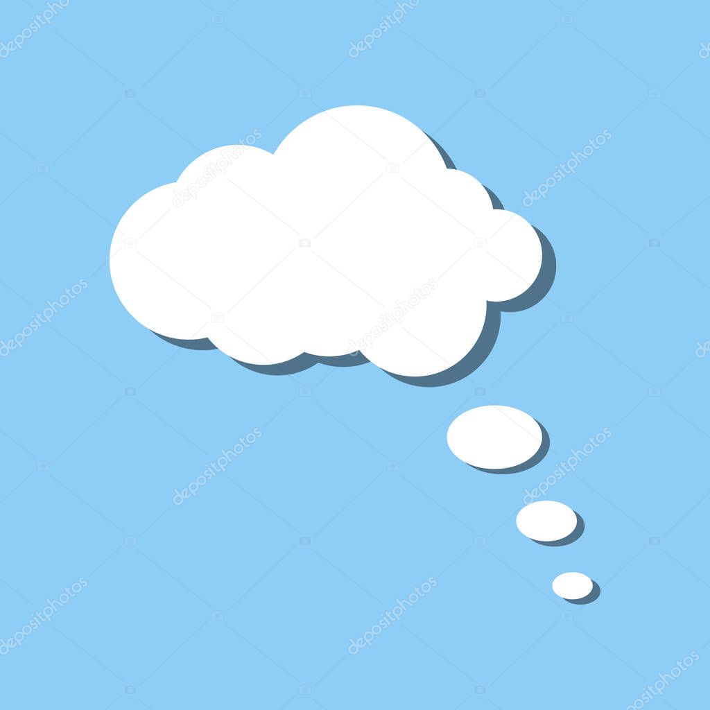 White paper thought bubble on blue background. Cloud speech frame icon. Think balloon silhouette design. Vector illustration