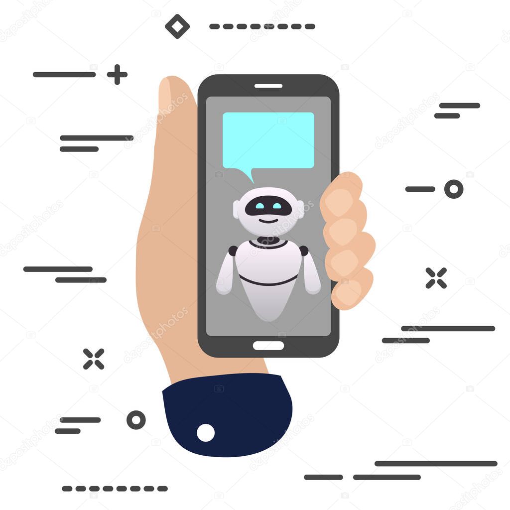 flat minimal hand holding mobile phone with chat robot bot bubble frame icon on white background. bubble droid icon set for websites, blog, mobile interfaces