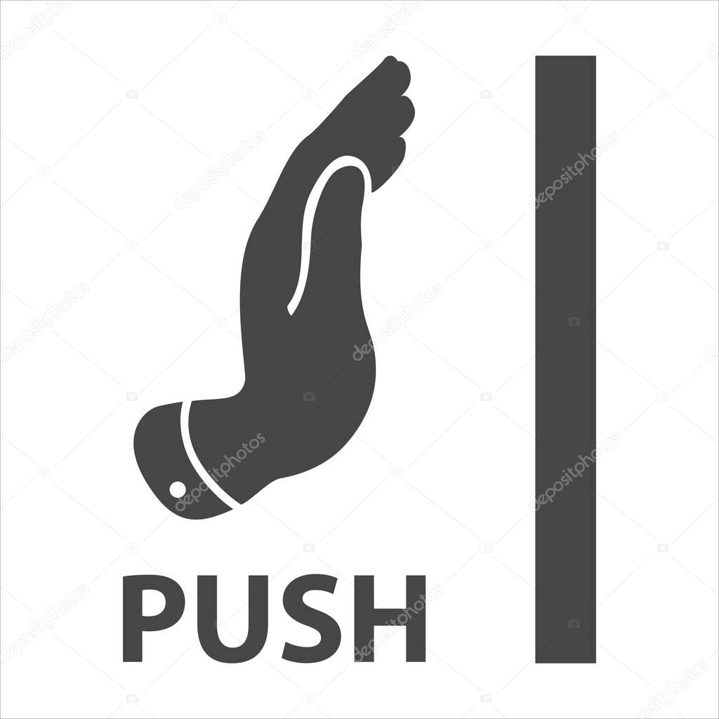 Flat modern art black hand icon pushes the door or gestures to stop on white background. Concept of open door icon