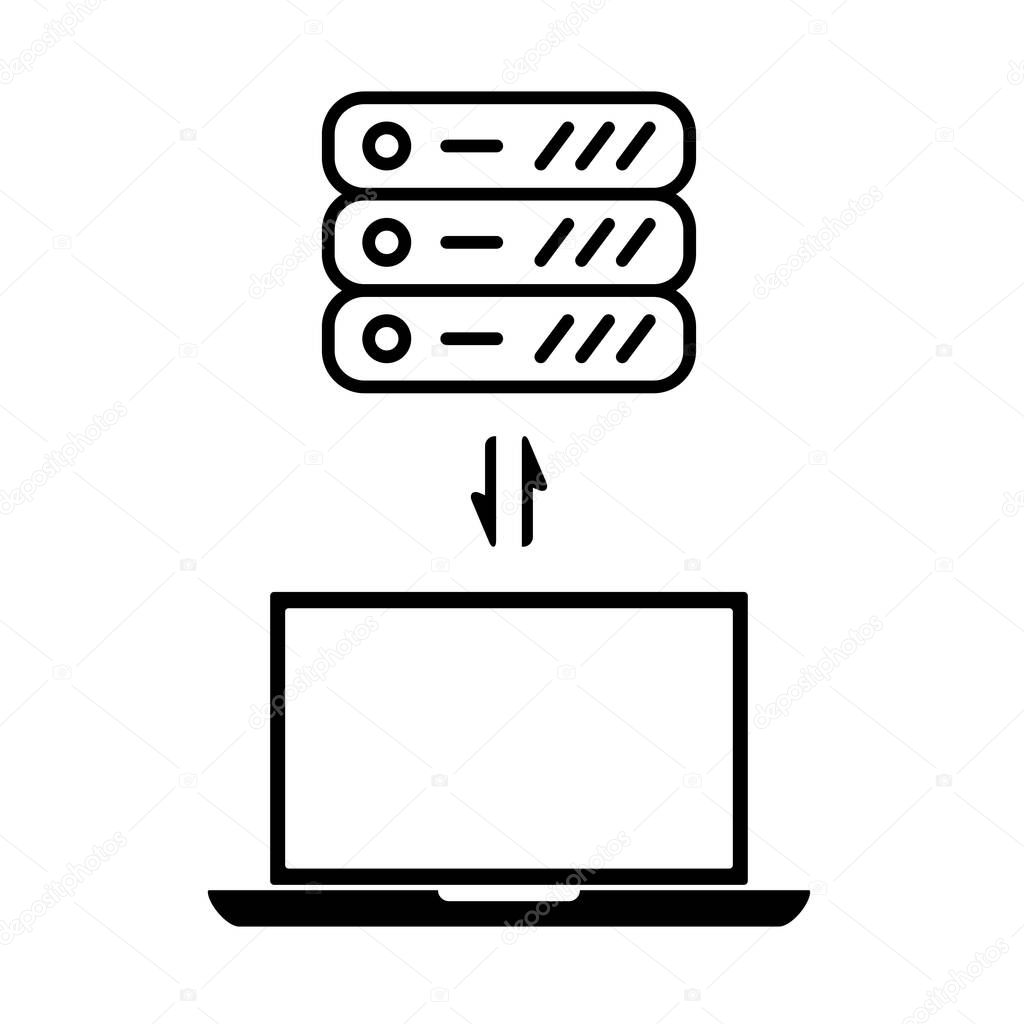 Download upload server and laptop line icon.  Computer with arrows for migration data, sync, transfer vector icon.
