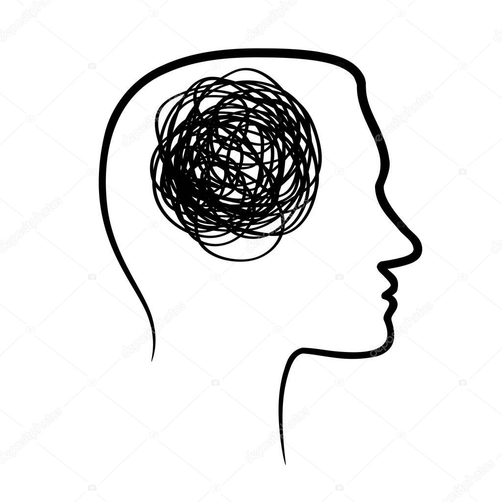 silhouette of huan head with tangled line inside, like brain. concept of chaotic thought process, confusion, personality disorder and depression