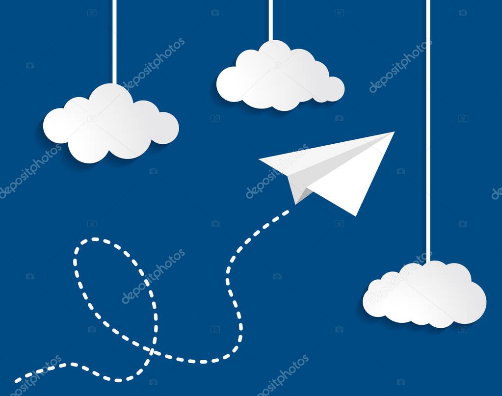 paper plane with clouds on Classic Blue color of the year 2020 background