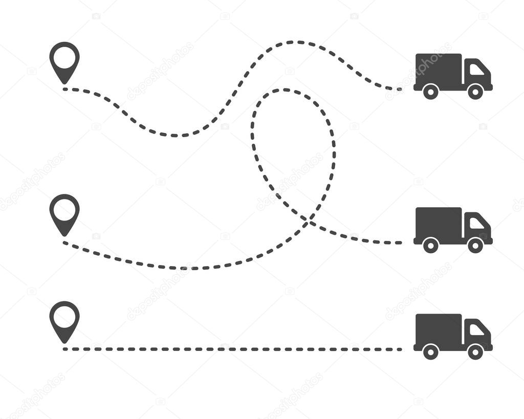 Multiple truck trakes with dotted lines. Pin map location of truck delivery on route icon design element on white background