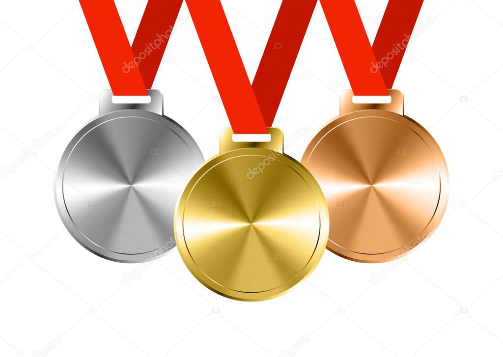 silver, gold and bronze medals on a red ribbon isolated on white background