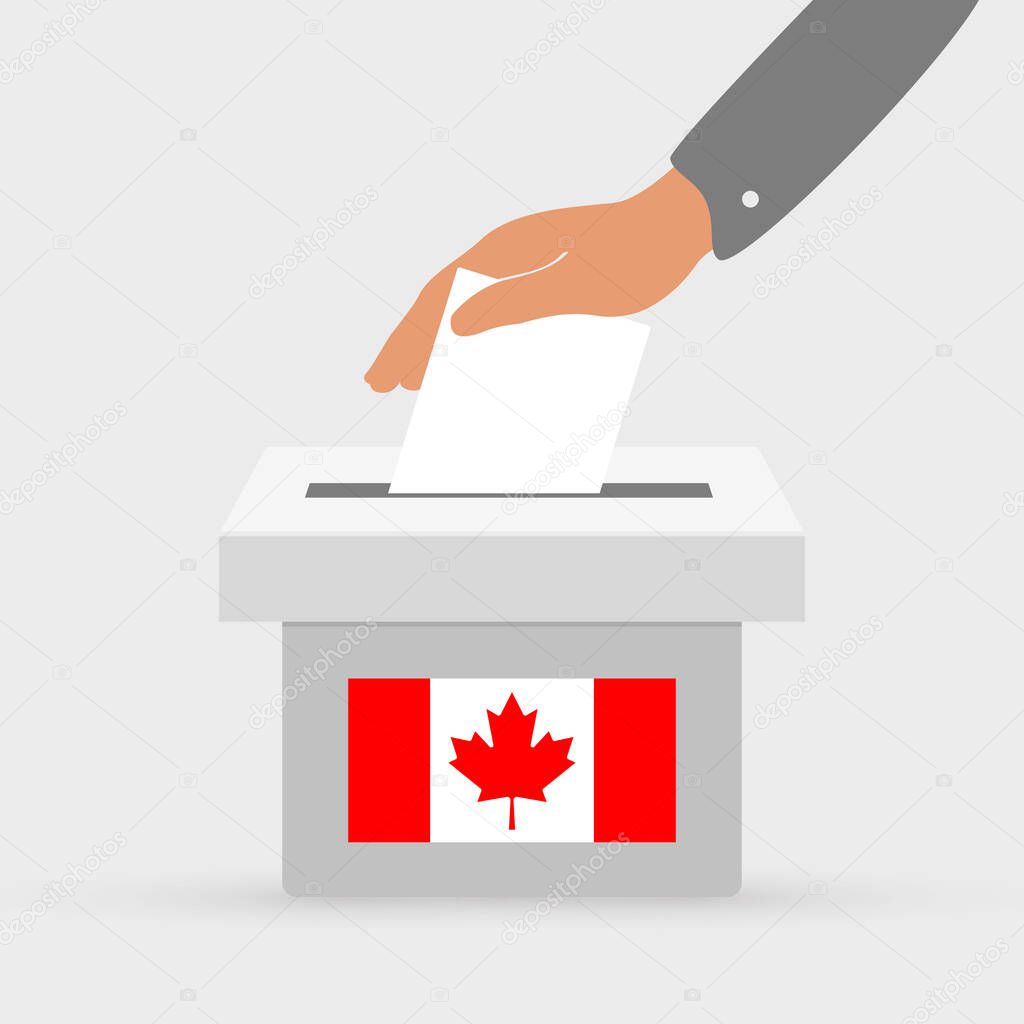  Flat hand putting vote bulletin into ballot box with flag icon. Election concept in Canada