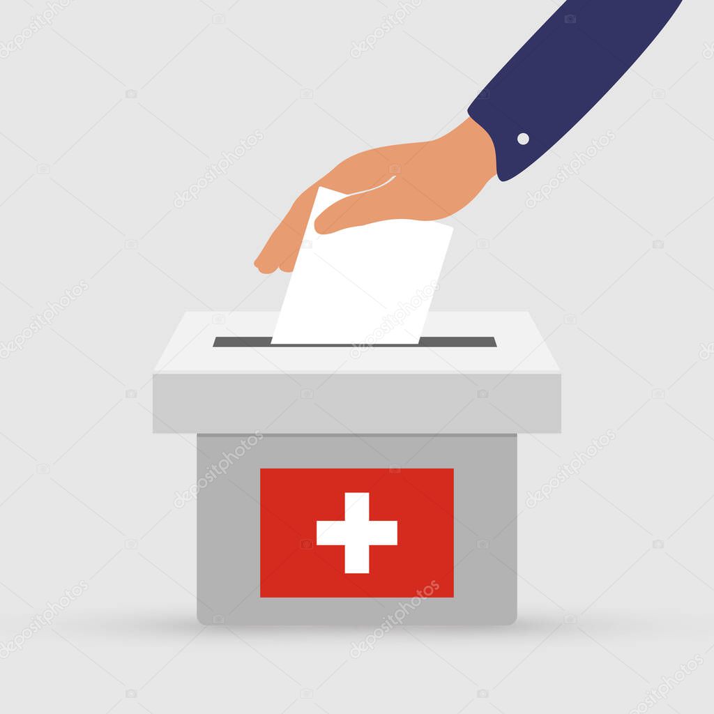Election concept in Switzerland. Flat hand putting vote bulletin into ballot box with swiss flag icon.