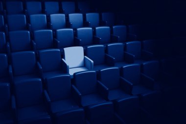 3D renkte oditoryum, 202 yılının klasik mavi renginde rezerve edilmiş bir koltuk.