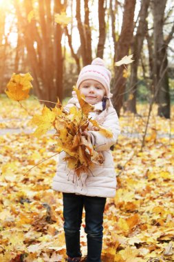 Mutlu kız güneşli parkta sarı akçaağaç yaprakları fırlatıyor. Çocuklar, sonbahar havasının tadını çıkarın.