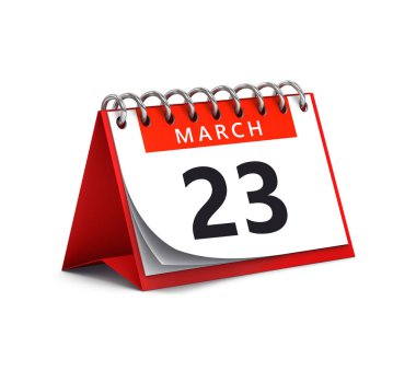 23 Mart tarihli kırmızı masa kâğıdının 3 boyutlu yorumlanması - takvim sayfası beyaz üzerine izole edildi