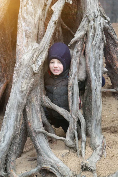 Menino Sorridente Feliz Roupas Quentes Chapéu Cobrindo Seu Pescoço Vento — Fotografia de Stock