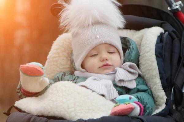 暖かい服を着た幸せな赤ちゃんと秋の屋外で冷たい風から首を覆う帽子 — ストック写真