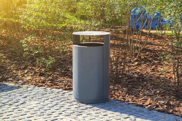 Şehir parkında saman manzaralı gri minimalist çöp kutusu