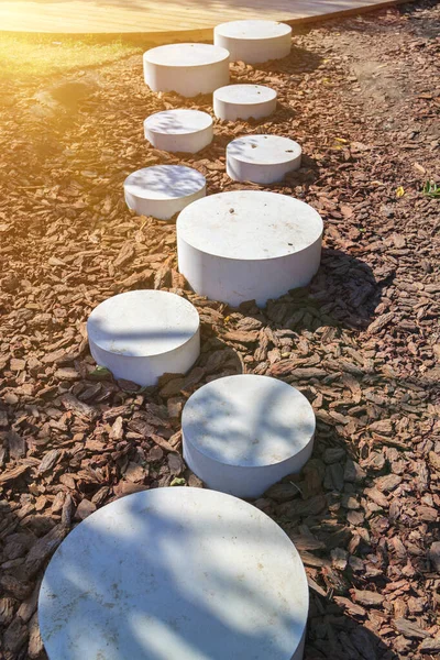 Moderní Minimalistická Stezka Kulatých Kamenů Parku Vedoucí Zemi Mulčovaná Kůra — Stock fotografie