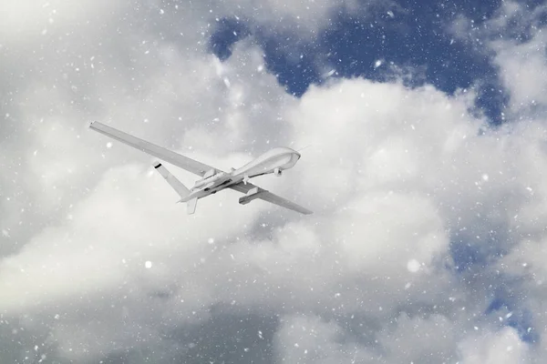 Špionážní Bezpilotní Vzdušné Vozidlo Uav Proletí Padajícími Sněhově Bílými Mraky — Stock fotografie