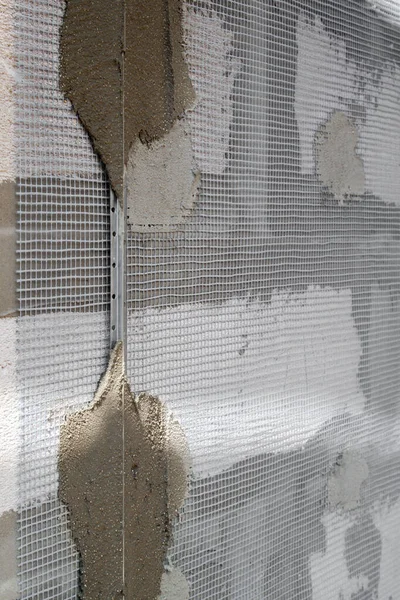 Surface Mur Avec Grille Construction Appliquée Guides Pour Application Plâtre — Photo