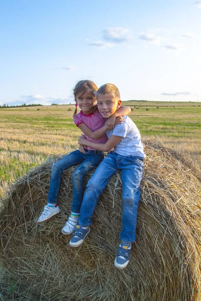 Bambini Felici Seduti Sul Pagliaio Tramonto Bambini Ragazza Con Ragazzo — Foto Stock