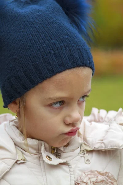 Frowning Girl Hat Transitional Season Outdoors — Stock Photo, Image