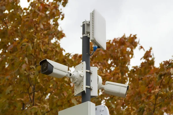 Câmeras Vigilância Livre Pontos Acesso Sem Fio Outono Parque Cidade — Fotografia de Stock