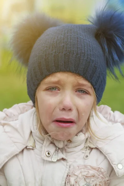 Sad Crying Offended Girl Cold Autumn Outdoor Concept Upset Child — Stock Photo, Image