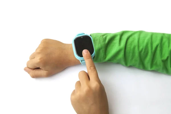 Boy Mira Información Sobre Reloj Digital Presionando Pantalla Con Dedo —  Fotos de Stock
