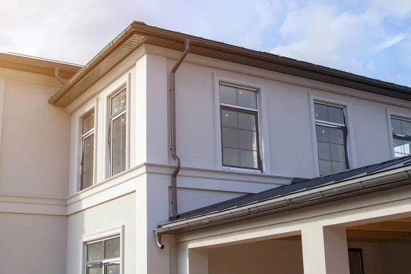 Facade Country House Construction Covered Gray Plaster Dark Roof — Stock Photo, Image