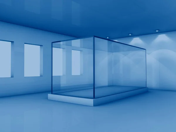 Renderização Vitrine Vidro Vazio Quarto Com Janelas Tonificadas Cor Azul — Fotografia de Stock