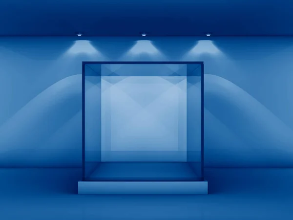 2020年のトレンディーなクラシックブルーの色で基調ギャラリーでのガラスショーケースの3Dレンダリング — ストック写真