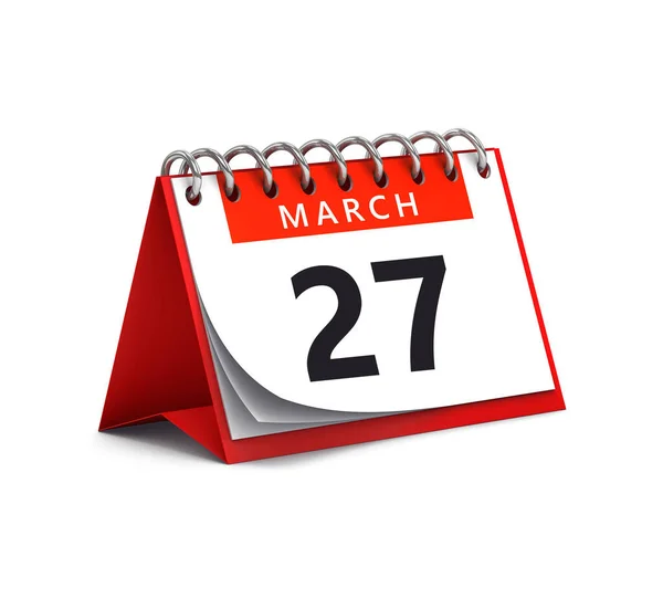 3月27日の赤い机の紙の春の月の3Dレンダリング日付 カレンダーページは白で隔離 — ストック写真